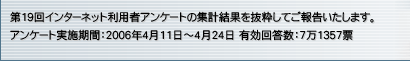 第19回インターネット利用者アンケートの集計結果を抜粋してご報告いたします。アンケート実施期間：2006年4月11日～4月24日 有効回答数：7万1357票