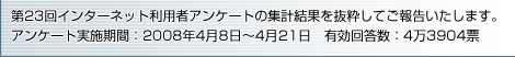 第23回インターネット利用者アンケートの集計結果を抜粋してご報告いたします。アンケート実施期間：2008年4月8日～4月21日 有効回答数：4万3904票