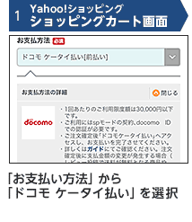 1 Yahoo!ショッピング ショッピングカート画面 「お支払い方法」から「ドコモ ケータイ払い」を選択