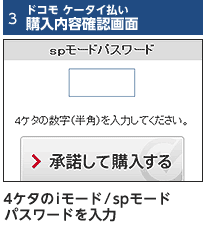 3 ドコモ ケータイ払い 購入内容確認画面 4ケタのiモード/spモードパスワードを入力