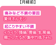 【月経前】痛みなど不調の要因：黄体ホルモン　起こりやすい不調：イライラ、頭痛、胃痛、乳房痛、肩こり、だるさ、集中力低下etc.